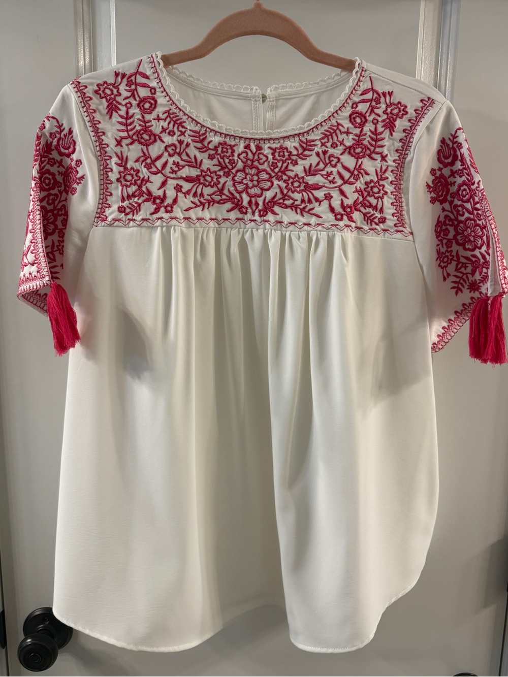 White Embroidered Peasant Top with Pink Accent